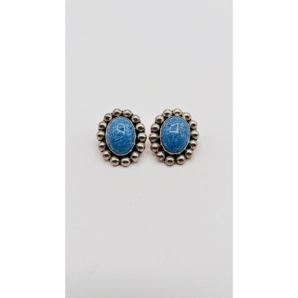 Taxco Mex Sterling Silver 925 Stud Post Blue Oval Cabochon Denim Lapis Earrings